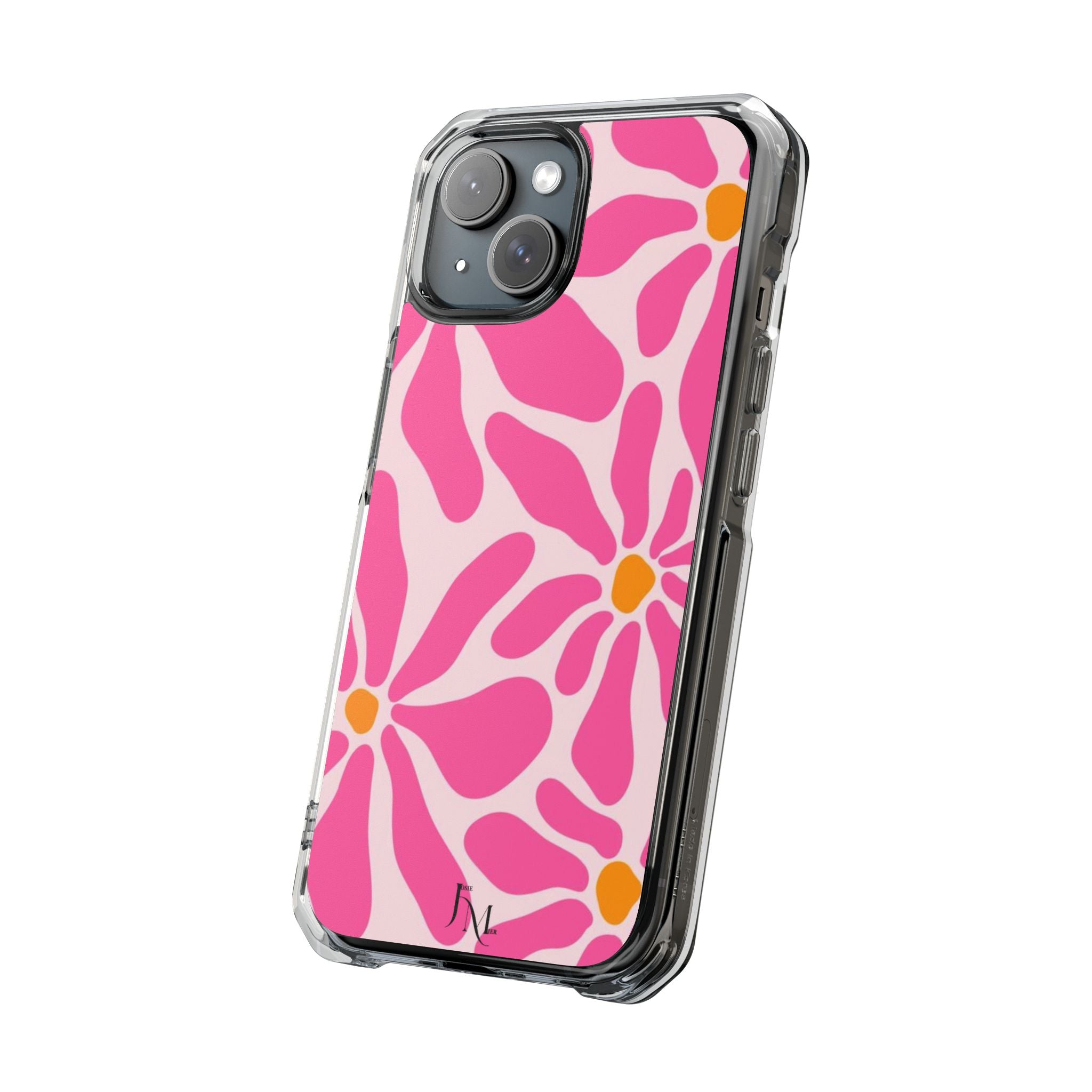 Magnetic Clear Phone Case — Pink Retro Floral Design with Monogram