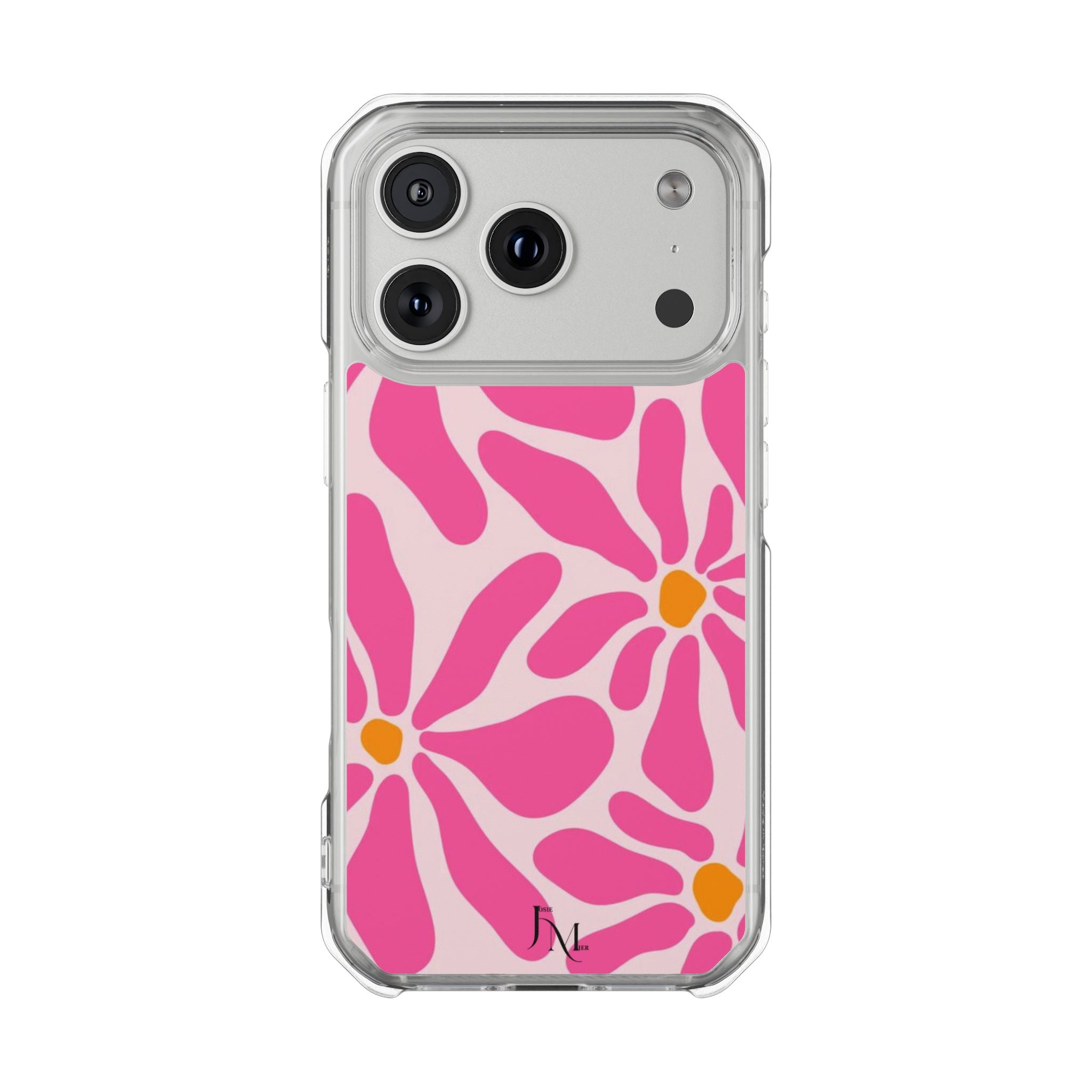 Magnetic Clear Phone Case — Pink Retro Floral Design with Monogram