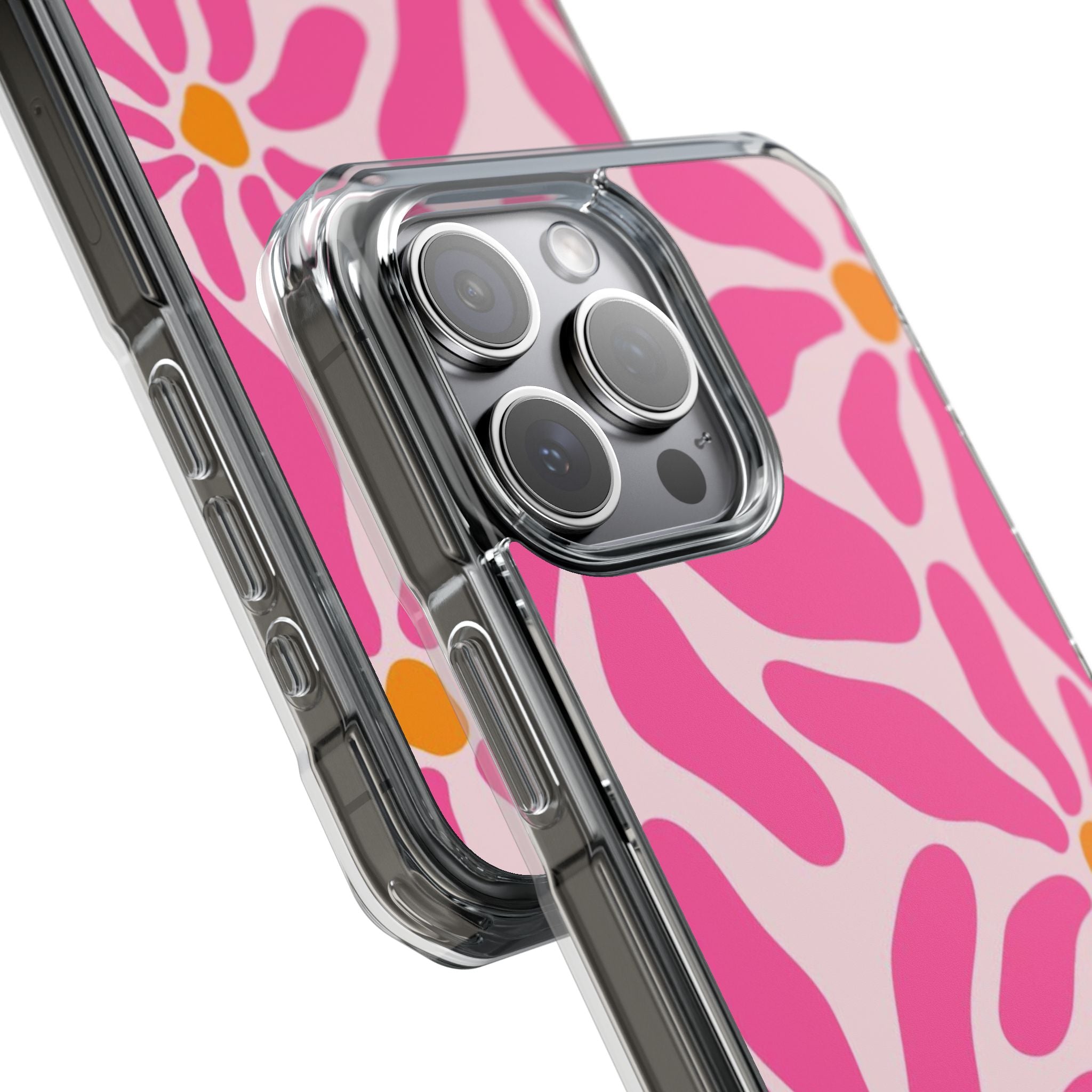 Magnetic Clear Phone Case — Pink Retro Floral Design with Monogram