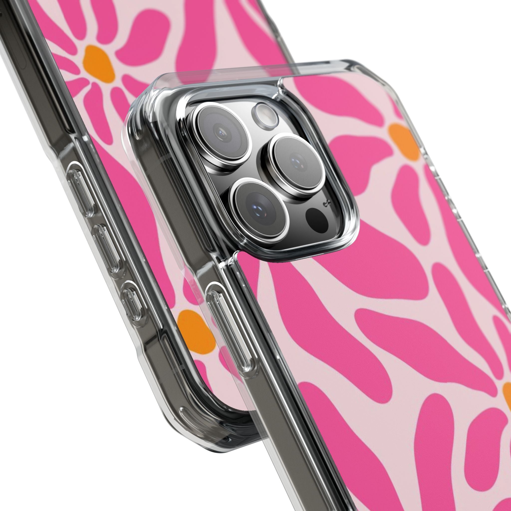 Magnetic Clear Phone Case — Pink Retro Floral Design with Monogram