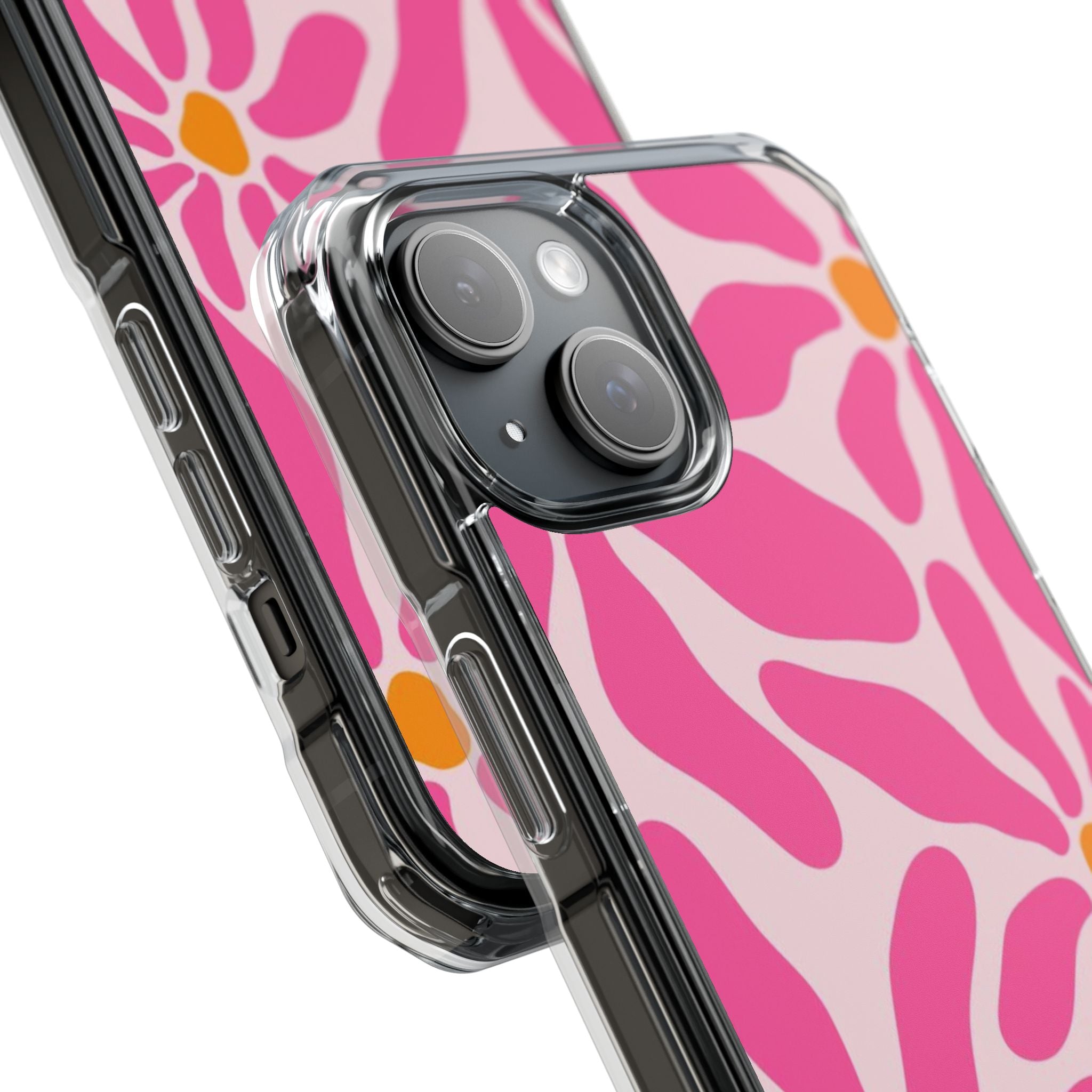 Magnetic Clear Phone Case — Pink Retro Floral Design with Monogram