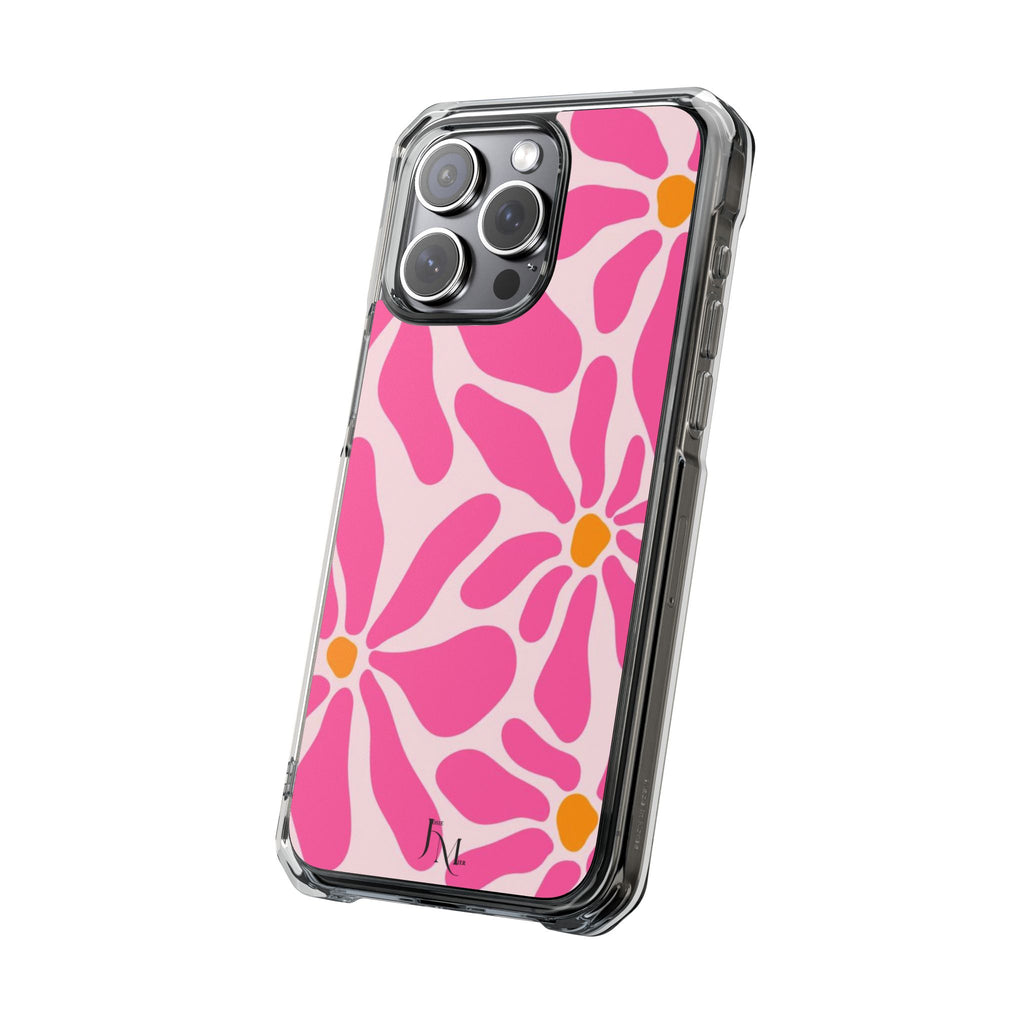 Magnetic Clear Phone Case — Pink Retro Floral Design with Monogram