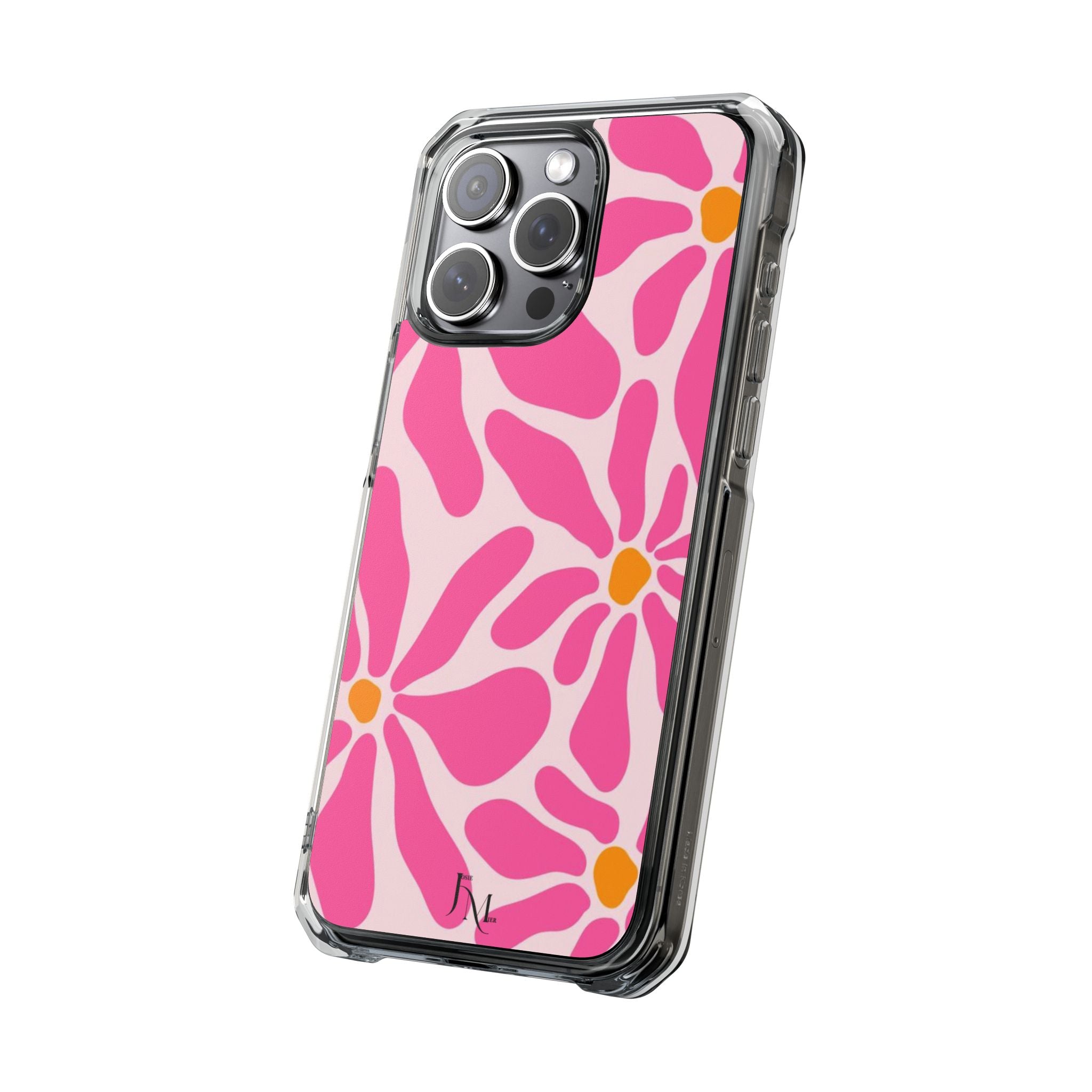 Magnetic Clear Phone Case — Pink Retro Floral Design with Monogram