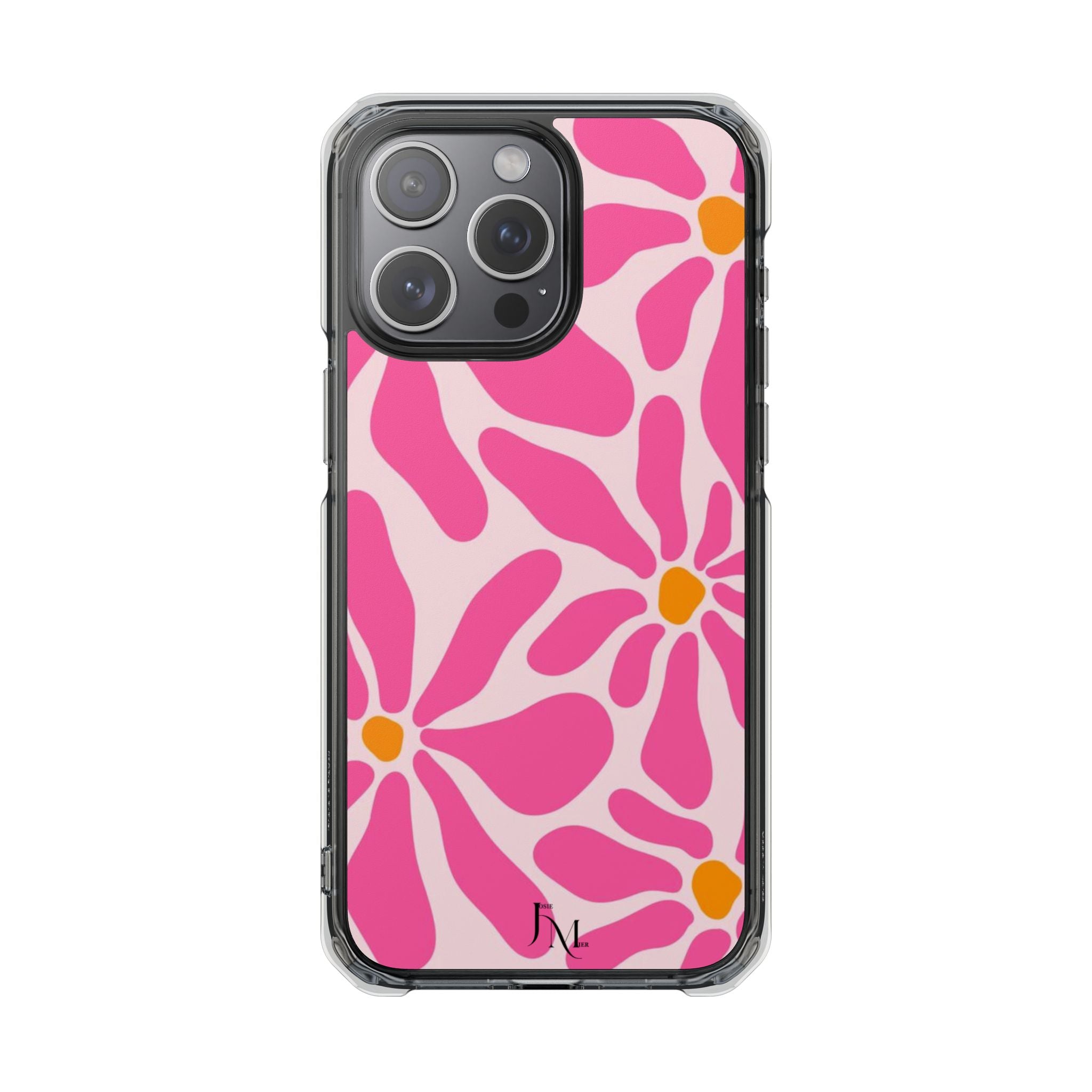 Magnetic Clear Phone Case — Pink Retro Floral Design with Monogram