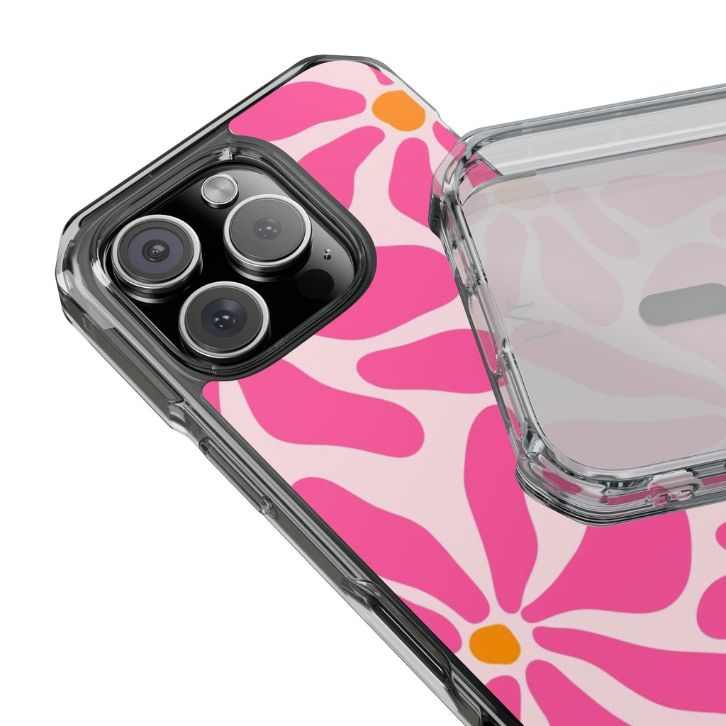 Magnetic Clear Phone Case — Pink Retro Floral Design with Monogram