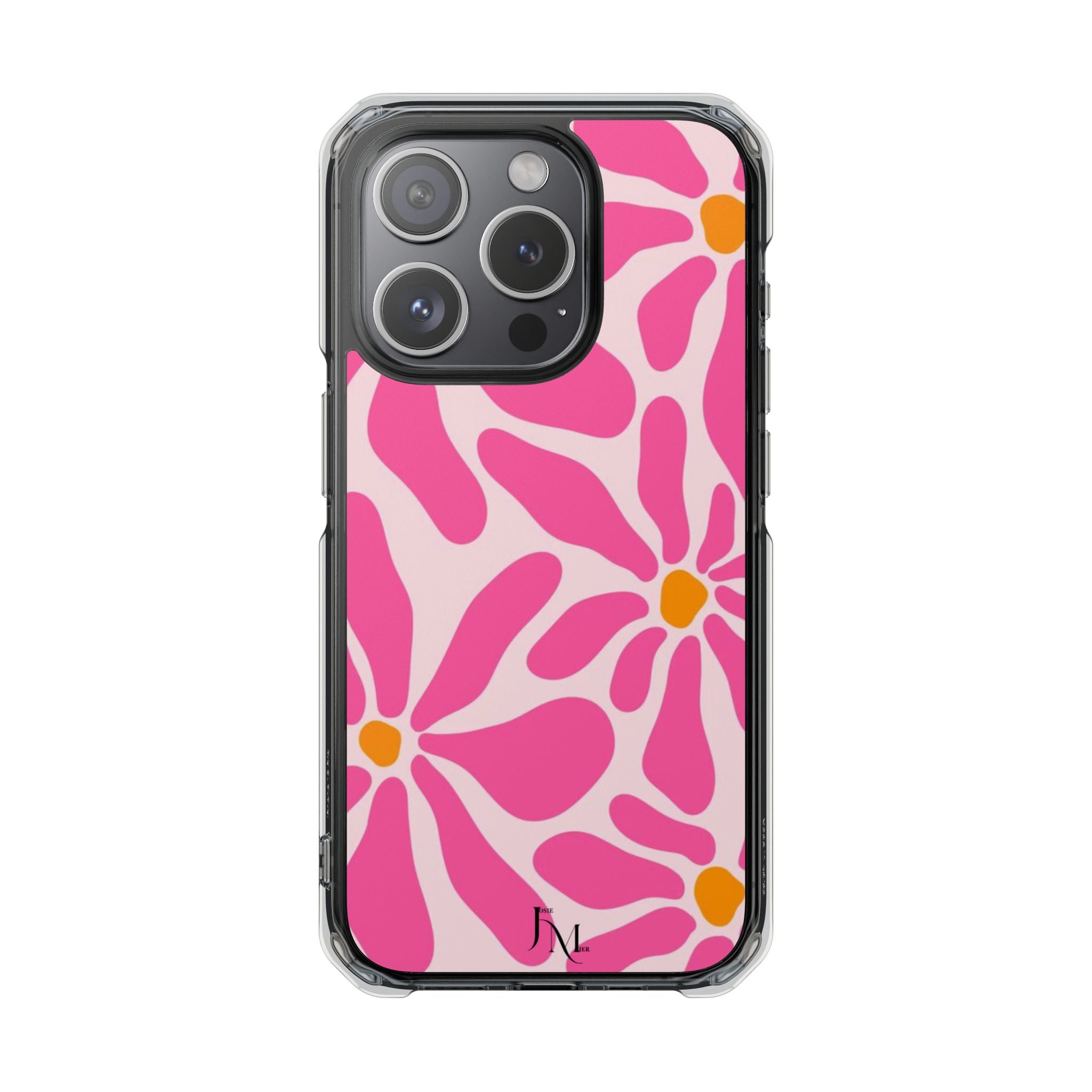 Magnetic Clear Phone Case — Pink Retro Floral Design with Monogram