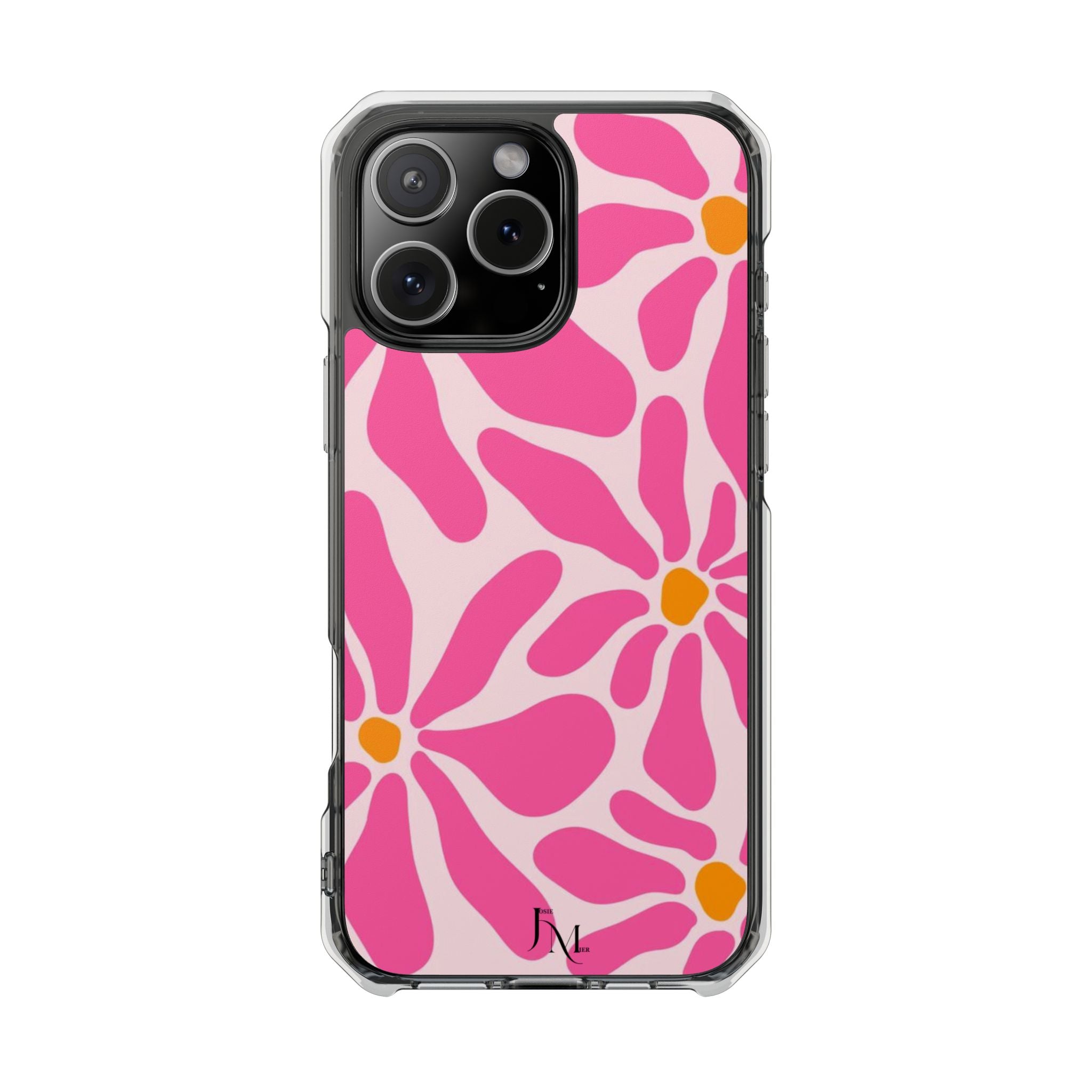 Magnetic Clear Phone Case — Pink Retro Floral Design with Monogram