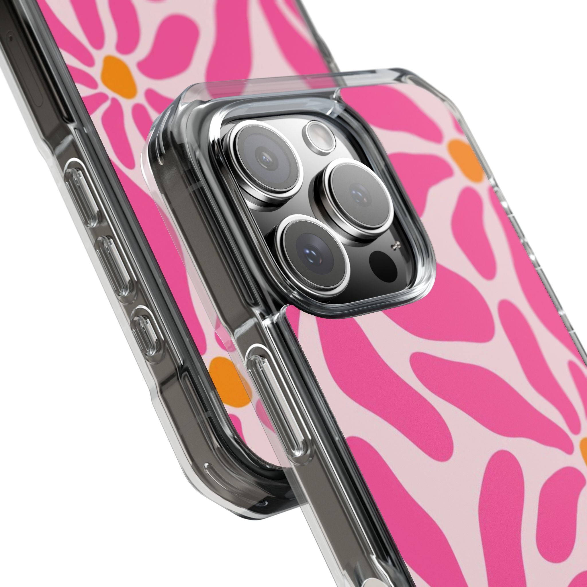 Magnetic Clear Phone Case — Pink Retro Floral Design with Monogram