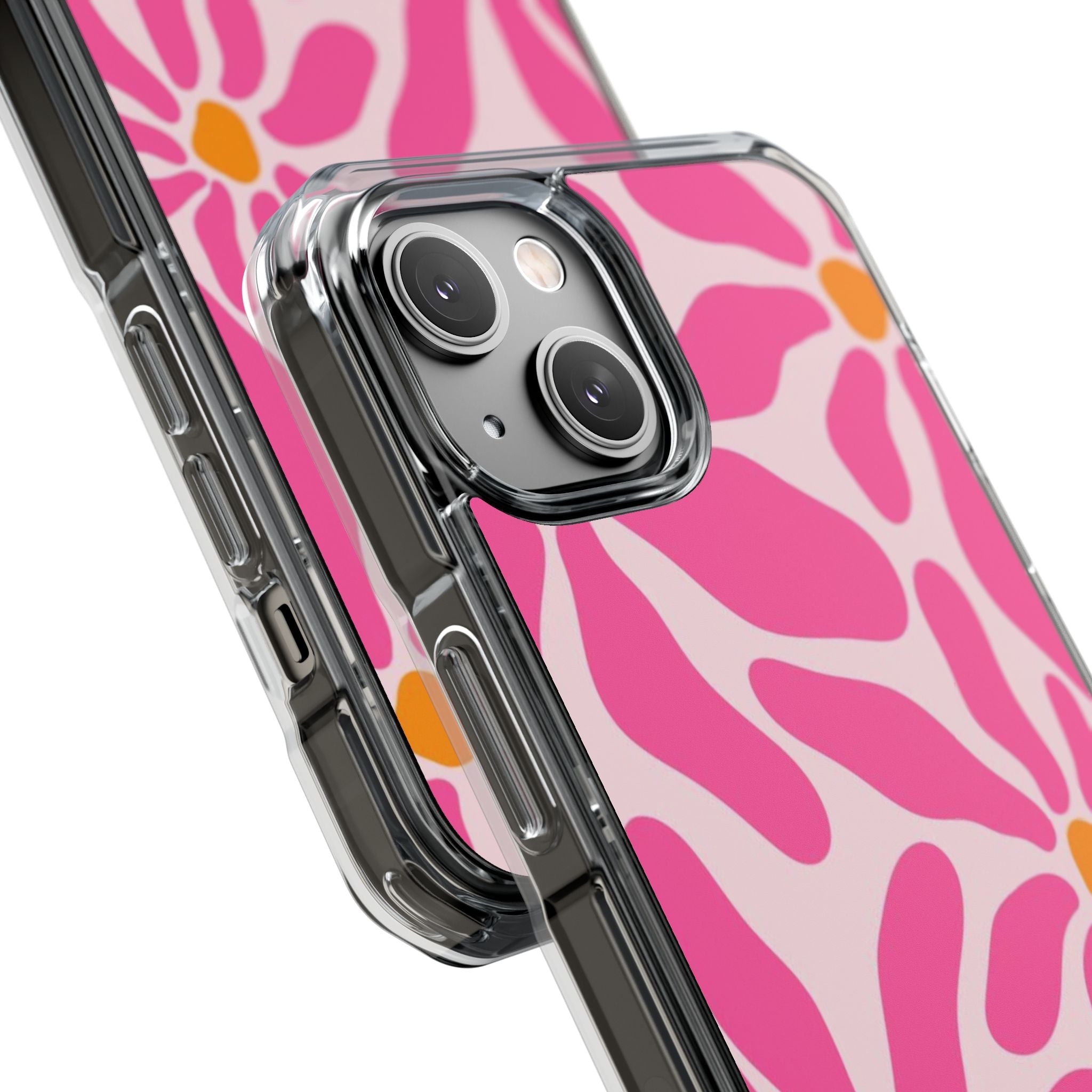 Magnetic Clear Phone Case — Pink Retro Floral Design with Monogram